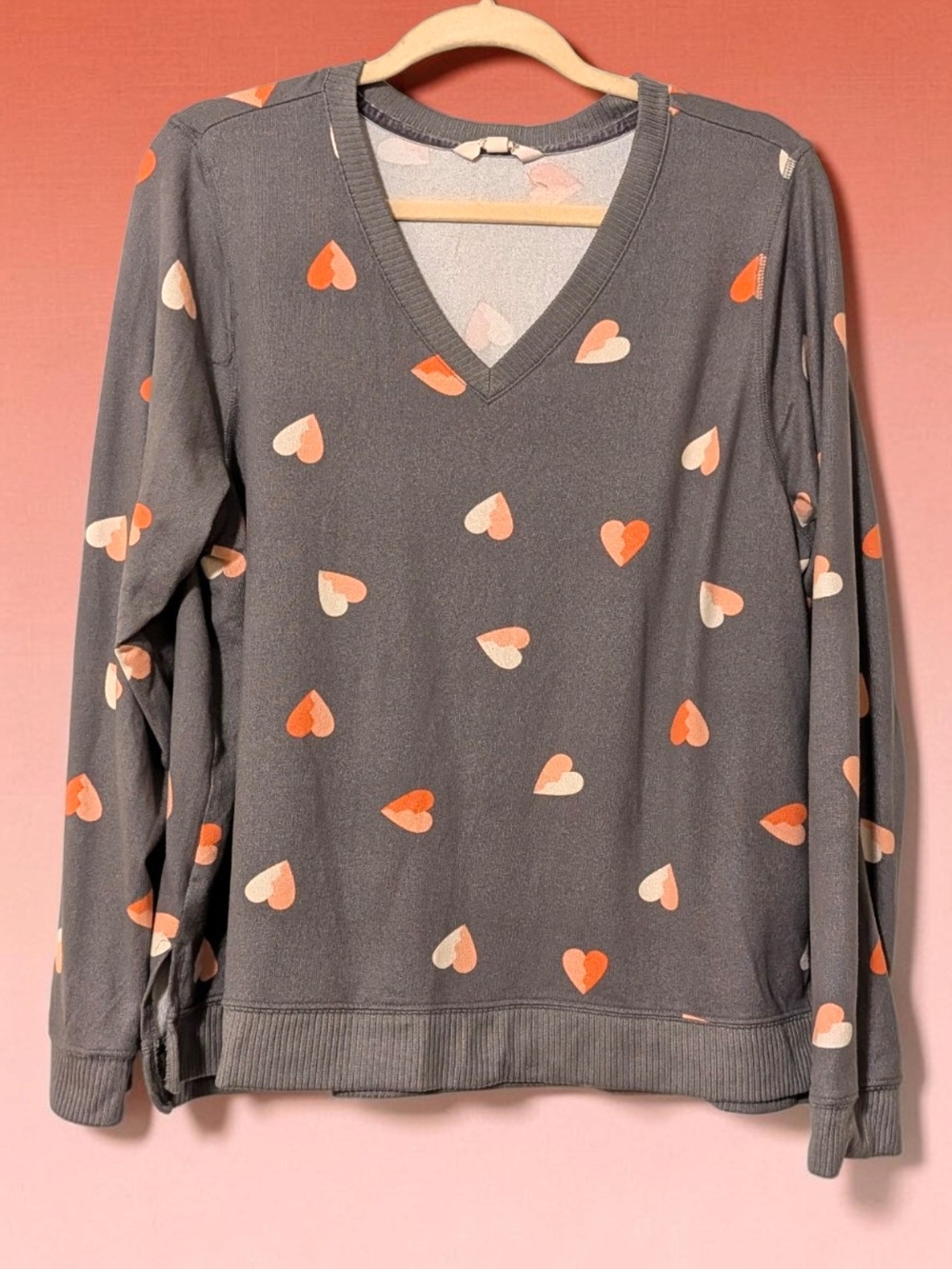 Lucky Brand Charcoal V-Neck Sweater with Peach and Light Pink Hearts - Picture 2 of 7